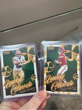 Panini lucky clover Patrick Mahomes & Christian McCaffrey cards